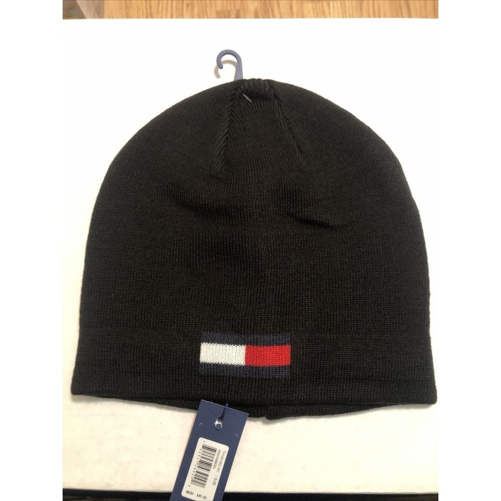 Tommy Hilfiger Men's Beanie Hat ONE SIZE Black With Logo  100% Acrylic